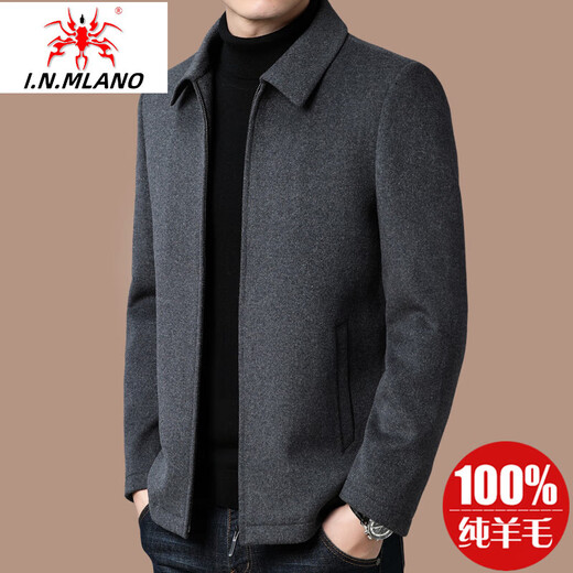International Milan high-end brand 100% pure wool woolen coat jacket men's winter thickened middle-aged men's lapel wool coat, navy blue lapel 100% thickened 180/XL recommended 130-155Jin Jin equals 0.5 kg