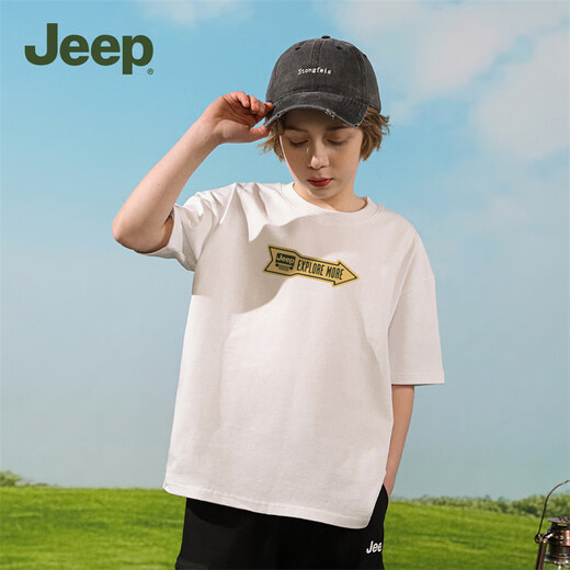 Jeep Kinder kurzärmeliges T-Shirt für 2025 Frühlings- und Sommer-neue pure Baumwolljungen und Mädchen loser Druck trendy kurzärmelig White-1349 140 [Empfohlene Höhe 135-145 cm]