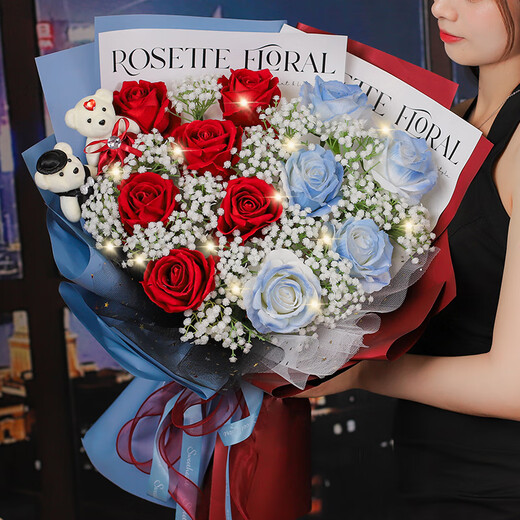Fuyuhua Pavilion Blume Express Blumengeschenk gebrochene Eisblaue Rosenstrauß Geburtstag Geschenke für Freundin All-China-Lieferung am Tag [Sonne und Mond] 6 rote Rosen + 5 gebrochene Eisblau Dy684