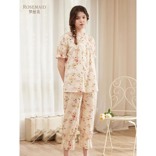 Rosemei Rosemei Spring and Summer New 100% Cotton Print Lace Lace Lace Lace Short Sleeve Cropped Pants Set 13067 Yellow 160(M)