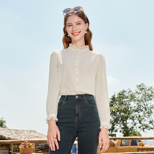 Betu women's autumn new shirt with wrinkled texture and temperament stand collar versatile shirt for women 2309T52 light apricot M