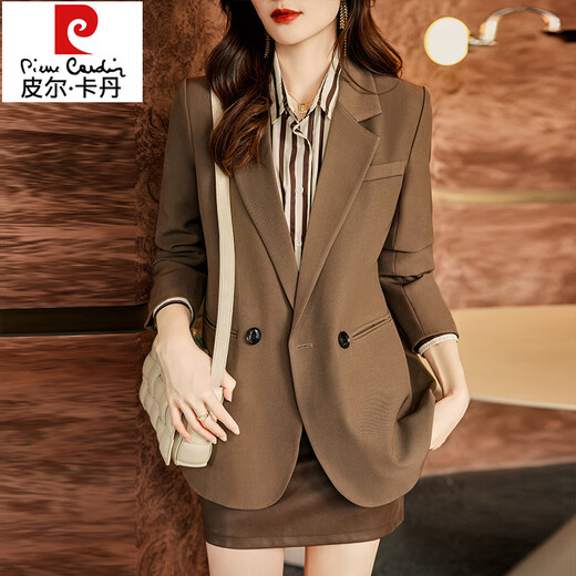 皮尔卡丹（pierre cardin）米杏小西装外套女宽松秋季2024新款高级感百搭小个子休闲西服套装 690款杏色(长袖西装+裤子) L (适合111斤-120斤)