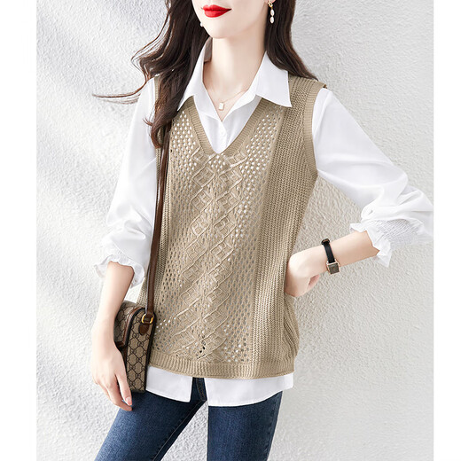 丝柏舍2025秋装新款女装衬衣背心时尚宽松衬衫搭针织马甲套装