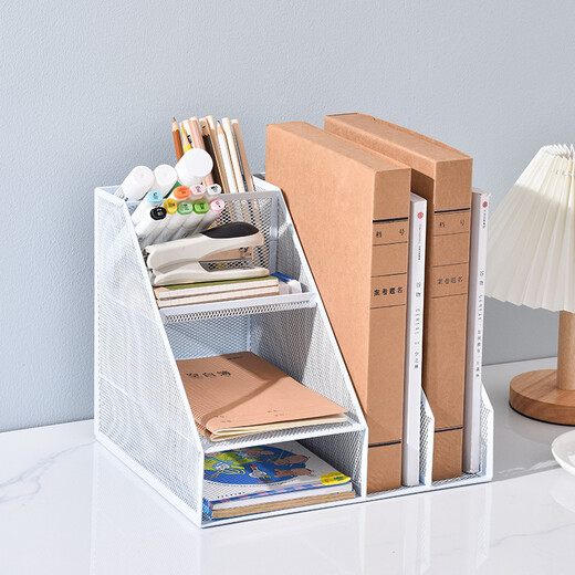 Jingxun Office Supplies Metal File Frame Information Rack File Rack Book Stand File Folder Storage Desktop A4 All-in-One with Double Pen Holder Black