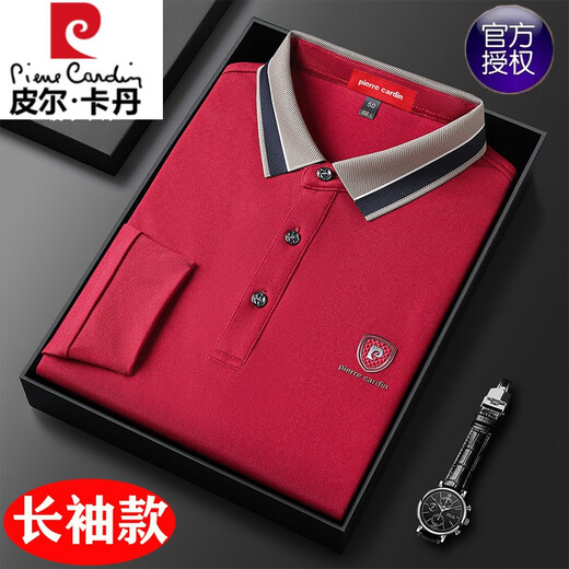 皮尔卡丹丝光棉长袖t恤男士秋季新款体恤衫纯色中年爸爸装翻领POLO衫男 红色 SKL-15810 165码推荐90-115斤左右