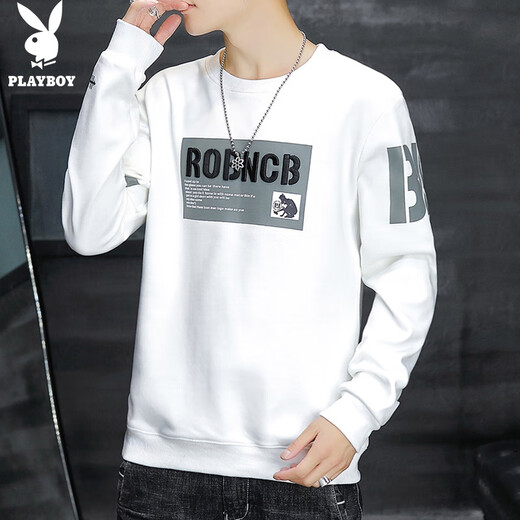 花花公子（PLAYBOY）卫衣男秋冬季长袖T恤男士外套休闲上衣服潮流男装 白色 XL