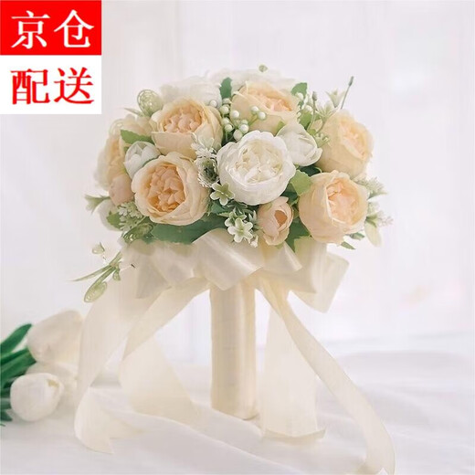 Renshanxiang bouquet for wedding certificate, bouquet for wedding, simulated flower for proposal, wedding photography, photo props, bouquet, champagne/white (about 11 flowers) + gift bag 1 bunch
