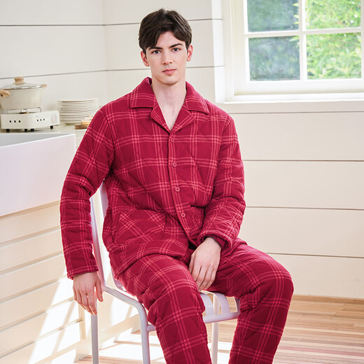 American Standard gift couple's pajamas for women, thickened and warm, three-layer quilted, can be worn outside, red plaid suit, home clothes, cherry red (men) L