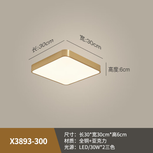 禾灵全铜户外吸顶灯别墅入户门门前灯过道阳台防水家用防虫方形露台灯 X3893/小号30cm/三色可调