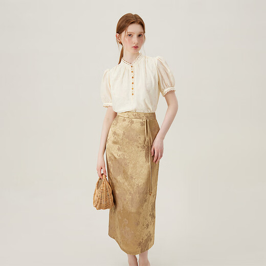
Fan Silanen's new Chinese style design lace temperament gentle and chic loose shirt 2024 summer new style 12188 apricot color XL