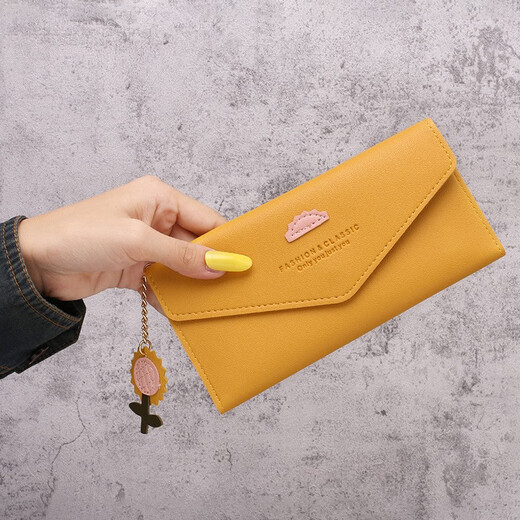 KUQIDAISHU light luxury new women's wallet women's long Korean style student fashion zipper buckle thin wallet multiple card soft wallet yellow