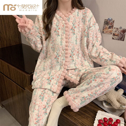 莫代尔碎花复古法兰绒睡衣女款冬季2024新款加绒加厚珊瑚绒秋冬款家居服 OM-4882-方领绒套-蝶结-花朵 S【80-100斤】