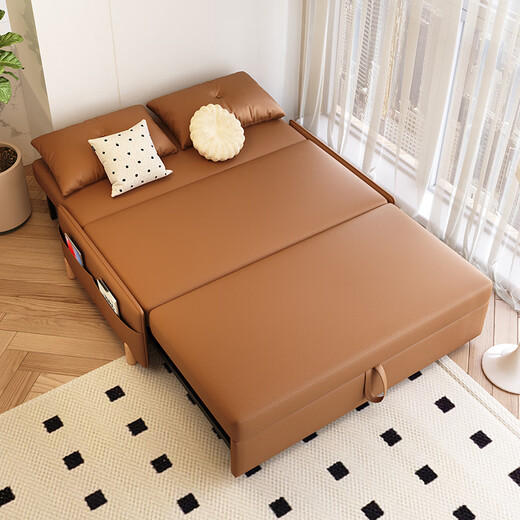AO Nuolan Sofa Bett Dual-Purpose kleine Wohnung Multifunktionsfaltbares Lawrence-Leder-Schiebebettsuntersuchung Wohnzimmer Home Außendurchmesser 1,5 Meter [5A-Grade-Katze Klauenhaut] Wirbelsäulenschutz Kokosnussbraun Stil