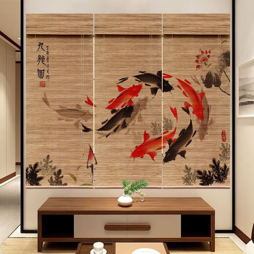 Shuxuan Printed Bamboo Curtain Roller Curtain Roll-pull New Chinese Style Tea Room Zen Door Curtain Sun Shade Partition Decorative Curtain Nine Fish 1m*1m