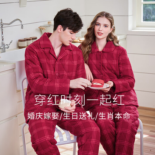 American Standard gift couple's pajamas for women, thickened and warm, three-layer quilted, can be worn outside, red plaid suit, home clothes, cherry red (men) L