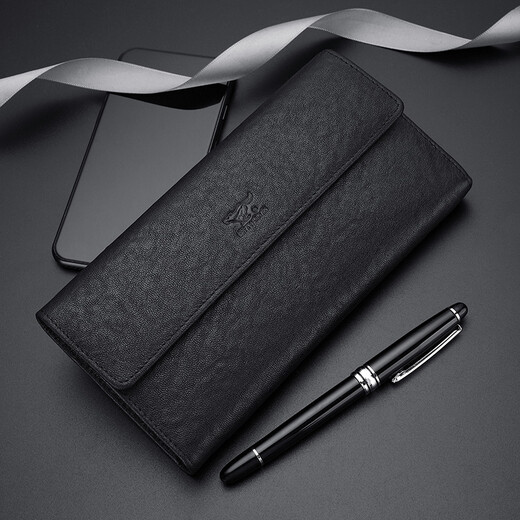 Sieben Wolf -Männer Langes Geldbörse echter Leder 3 -fach Straight Wallet Pure Head Layer Cowhide Gürtel Schnalle Ticket Clip Weiches Leder Mehrfachkartenschlitz schwarz