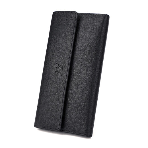 Sieben Wolf -Männer Langes Geldbörse echter Leder 3 -fach Straight Wallet Pure Head Layer Cowhide Gürtel Schnalle Ticket Clip Weiches Leder Mehrfachkartenschlitz schwarz