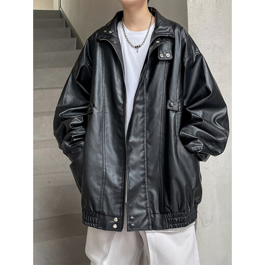 Zhidou Lederjacke Herrenherbst und Winter Amerikaner Retro gutaussehende streetähnliche lockere Gelegenheitsmotorradanzug PU Lederjacke WJS-W9274 Black M.