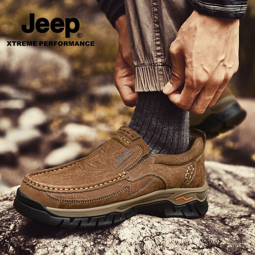 Jeep casual shoes for men in autumn and winter new first-layer cowhide shoes for the elderly, non-slip and wear-resistant business dad leather shoes, khaki standard leather shoe size 41