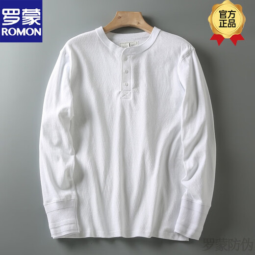 ROMON Spring and Autumn New American Casual Henley Shirt Men's Retro Simple Versatile Solid Color Daily Long Sleeve T-shirt Basement Gray L