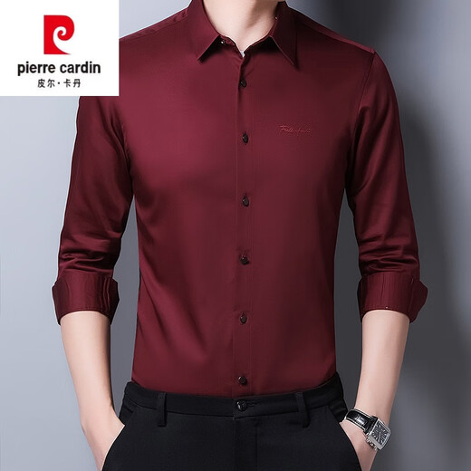 Pier Cardin [Business] Bourgogne Shirt Men's Men's Long à manches beaux-manches et robe de mariée de mariée