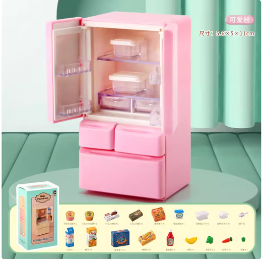 Miniatur-Szene Ornamente Mini Simulationsmöbel Doppelte Tür Kühlschrank Puppe Haus kleiner Modell Kinderspielhaus Spielzeug Blau Kühlschrank + frische Kiste + Obst- und Gemüse-Snack Set +