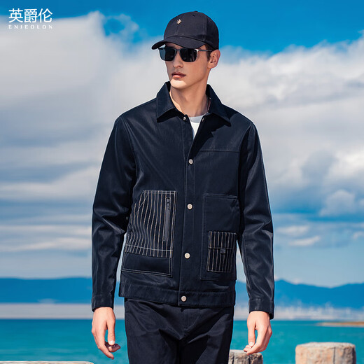 英爵伦（Enjeolon）英爵伦 秋季男士帅气PU皮衣 复古休闲翻领机车皮夹克条纹外套 黑色 170/100A(M)