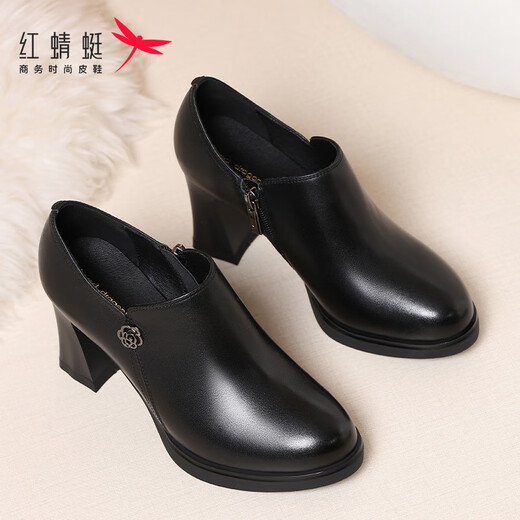 Red Dragonfly Women's Boots Genuine Leather Fashion Boots Ankle Boots Autumn and Winter British Style Leather Boots Thick Heel Mom's Shoes High Heels 8cm Black (Heel Height 8cm) 37