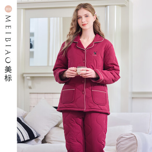 American Standard Gift Couple Three-Layer Thickened Padded Pajamas Set Women's Autumn and Winter Zodiac Year Red Cotton Home Clothing Men's Bright Maroon-Women's XL