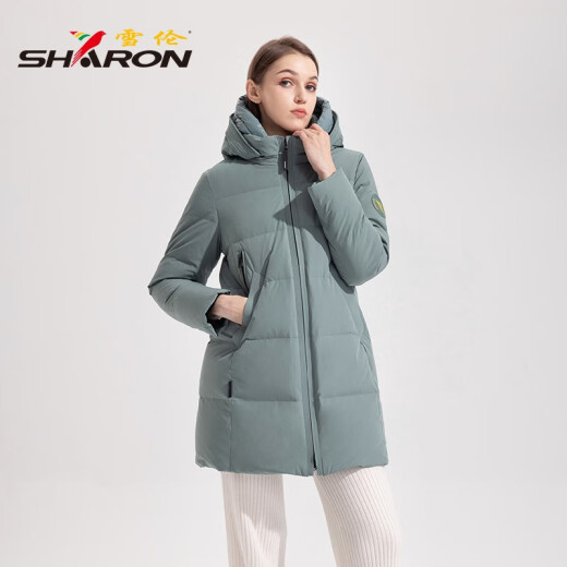 雪伦中长款羽绒服女简约百搭袖标秋冬外套 13567 粉紫色 XL