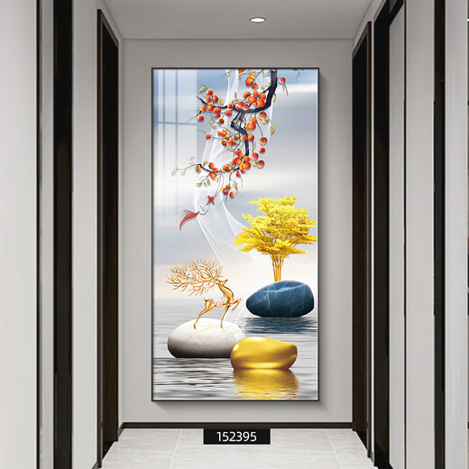 Sixpoetry entrance hall decorative painting modern minimalist entrance corridor background wall mural high-end painting hanging at the end of the aisle opposite the door Fulu Golden Tree (aluminum alloy frame) 80*160cm art crystal porcelain painting (bright surface)