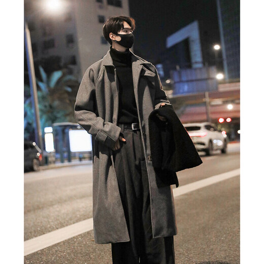 OEMG mid-length woolen coat men's autumn and winter high-end woolen over-the-knee Korean style lazy wind handsome windbreaker jacket black XL recommended 125-140Jin Jin equals 0.5 kg