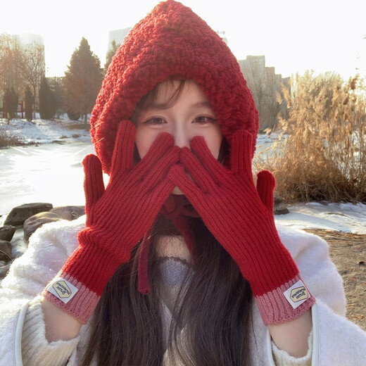 
Shantoulin Village Christmas Red Wool Gloves for Women in Winter Extended Warm Knitted Anti-freeze Finger-Touchable Cute Gloves #1048-Red Hat + Gloves All Size