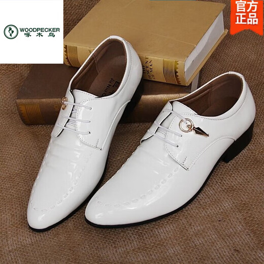 Woodpecker New Spring and Autumn Men's Korean Style Casual Shoes Pointed toe Business Leather Shoes Photo Studio Photo Groom Marriage Leather Shoes Men White 6210 White 37 One Size Small