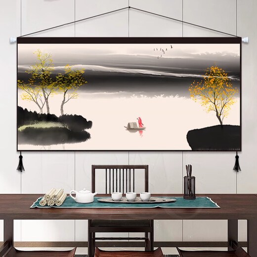New Chinese style Zen ink landscape fabric hanging painting living room sofa background hanging cloth bedroom decoration painting restaurant tapestry 01_Zen ink painting 80cm*40cm cotton and linen 2 tassels+