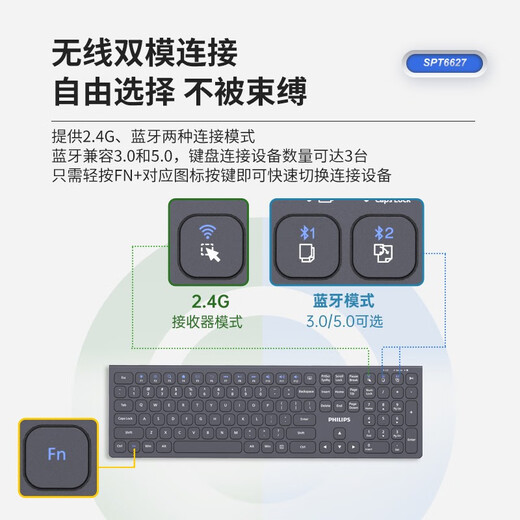 Philips Bluetooth Wireless Micro Sound-Tastatur und Maus-Set SPT6627 wiederaufladbares Dual-Mode-Desktop-Laptop für Office-Tippen