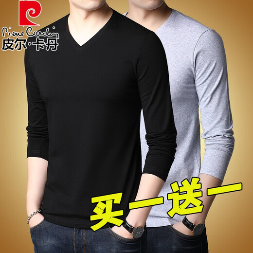 Pierre Cardin 2025 new men's pure cotton long-sleeved T-shirt men's autumn and spring V-neck autumn clothes middle-aged slim casual men's tops black + white two-piece set M 165