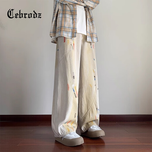Cebrodz Frankreich bemalte Scimitar Jeans Frühling und Sommer Amerikaner Modemarke Herrenhosen Design Lose Wide-Big Hosen Weiß L.