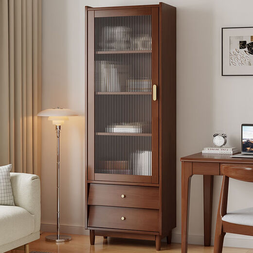 布欧格北欧书柜实木带玻璃门书橱简约现代储物柜客厅展示柜落地书架 长55CM宽35CM高166CM象牙白四层  