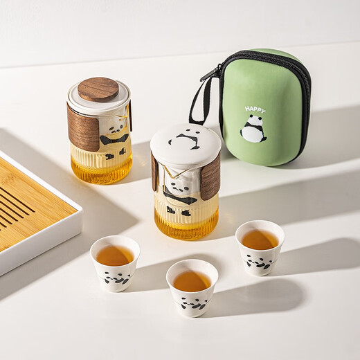 Modern Housewife Mototo Panda Travel Tea Set Portable Ceramic Kung Fu Tea Set Outdoor Quick Cup Motuo Tuo Bamboo Lid Quick Cup (one pot with three lids)