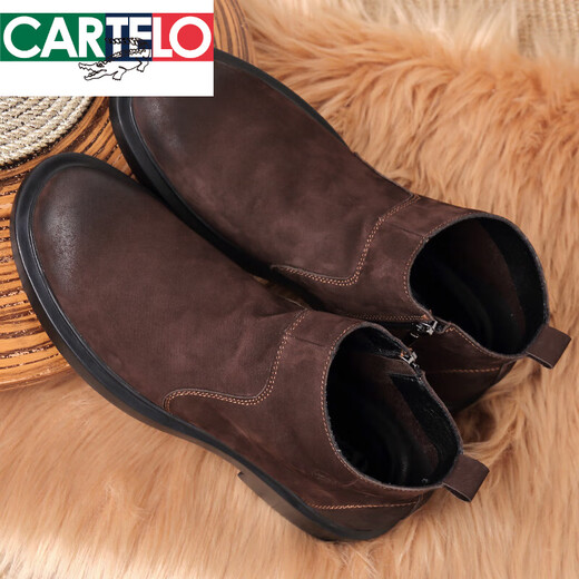 CARTELO leather boots men's genuine leather autumn and winter zippered boots men's Martin boots overfur men's shoes high top leather shoes men's toe layer cowhide brown. Genuine leather 15605 plus velvet inner 44