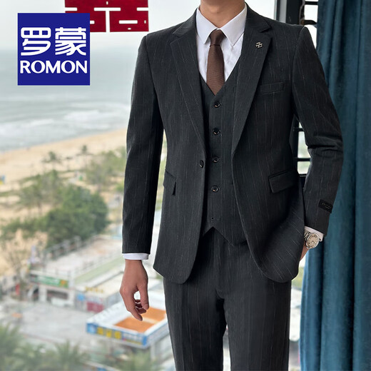 ROMON suit men's striped slim and handsome groom's wedding dress jacket men's British style test suit men's dark gray suit + trousers + vest + gifts 50/L