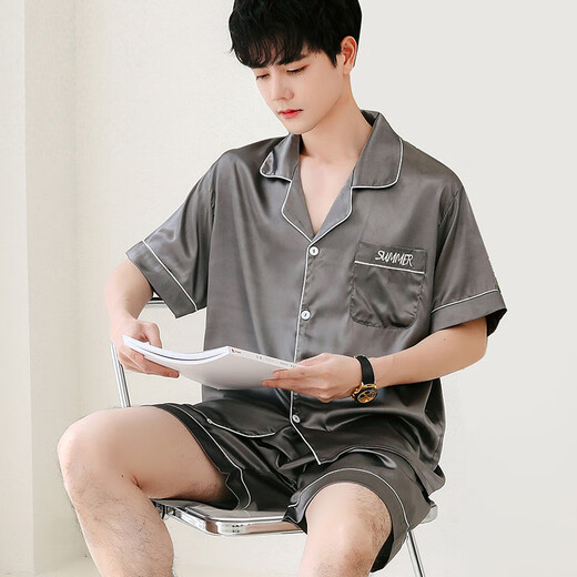 Antarctic pajamas men pajamas men summer ice silk shorts shorts loose can be worn outside home clothing suit gray XL