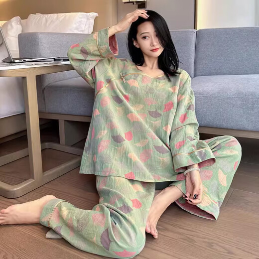 裁雨留虹胖mm睡衣女春秋大码复古中国风碎花棉纱家居服加肥加大200斤 yz16802 4XL  130-180斤