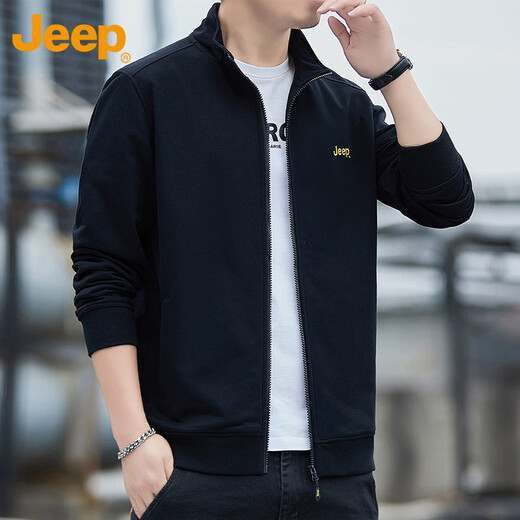 JEEP Jeep sweatshirt men's autumn and winter casual cardigan jacket men's loose stand-up collar clothing men's black 2XL