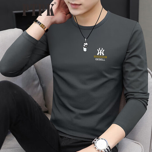 PTPK trendy brand high-end Modal long-sleeved T-shirt men's slim autumn and winter new casual men's plus velvet round neck bottoming shirt 219 Modal-Dark Gray Regular XL 135-150Jin Jin equals 0.5 kg