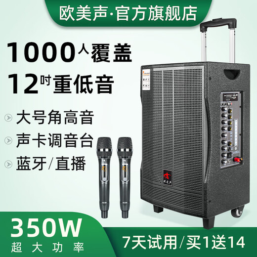 European and American outdoor karaoke singing live broadcast mobile audio outdoor professional high-power square dance portable bluetooth trolley speaker subwoofer with wireless microphone 12-inch subwoofer 350W model V12 2* wireless U-segment handheld microphone + gift package