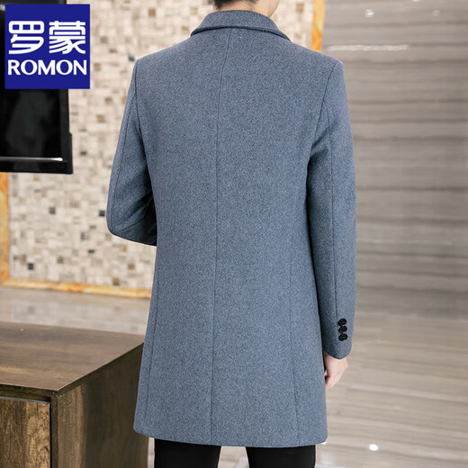 ROMON Wool Woolen Coat Men's Slim Mid-Length Windbreaker Autumn and Winter Thickened New Woolen Men's Jacket Korean Version Black 2XL