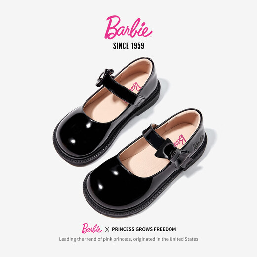 芭比儿童皮鞋单里亮面黑皮鞋女孩乐福鞋女童小皮鞋DA6057 黑色 36码