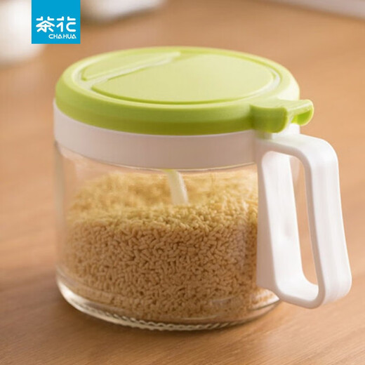 Camellia camellia seasoning jar seasoning bottle jar kitchen household sugar salt shaker glass round seasoning bottle seasoning jar 450ML round green 1 piece